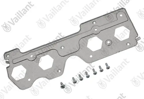 Vaillant Komponente aus Metall mit mehreren sechseckigen Ausschnitten. Dazu gehören Schrauben für die Montage.